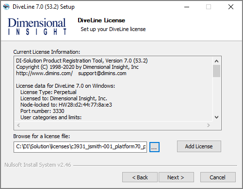 The DiveLine License window.